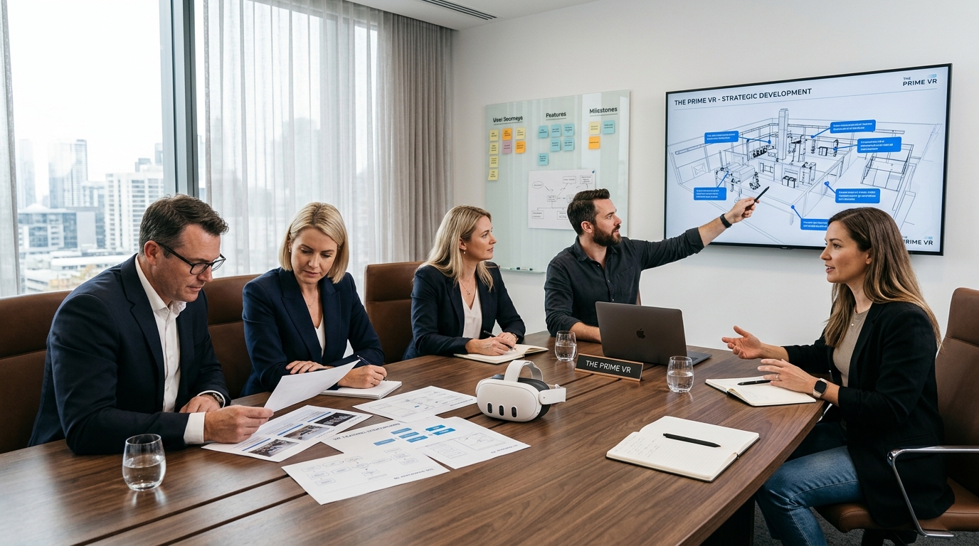 Executive discovery meeting in modern boardroom discussing VR training requirements