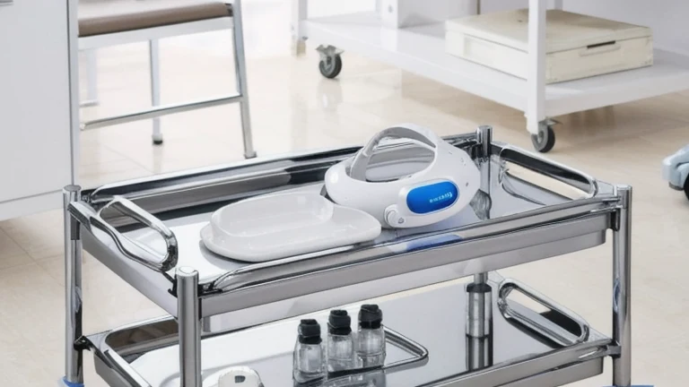 A clean hospital simulation bay with a virtual reality headset resting on a medical cart beside a patient monitor displaying vital signs, an IV pole, and a procedure tray, shown without people, representing a custom clinical simulation system by The Prime VR