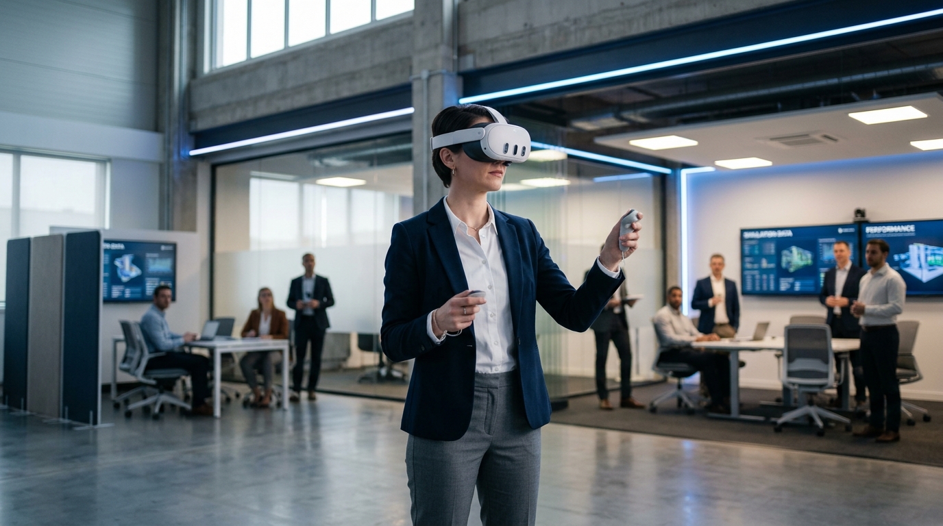 Enterprise professional wearing VR headset during corporate training session in modern facility