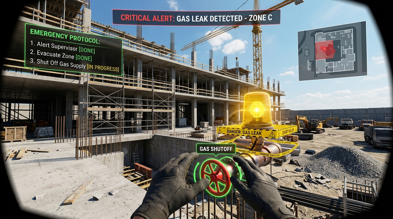 Inside VR headset view of construction site emergency response training with gas leak protocol