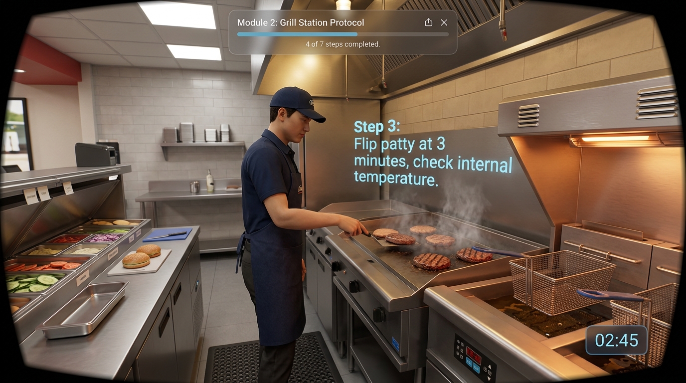 Inside VR headset view of restaurant grill station training with step-by-step protocol instructions