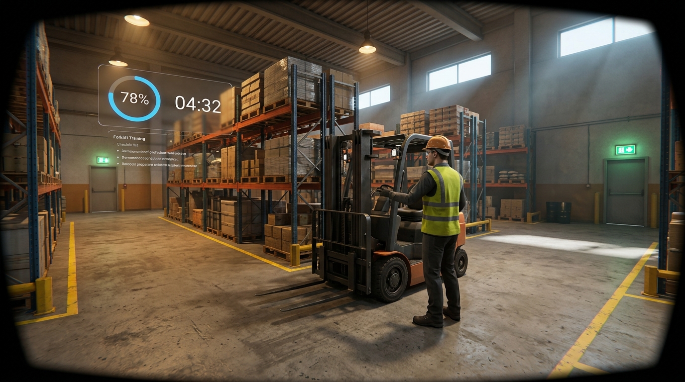 Inside VR headset view of warehouse safety training with forklift operation scenario and performance metrics overlay