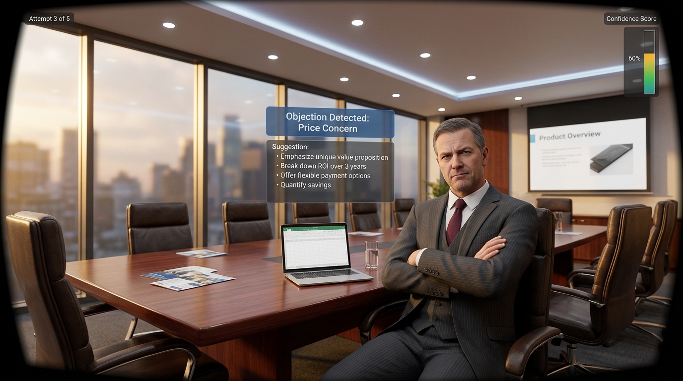 Inside VR headset view of sales training scenario with virtual client and objection coaching prompts