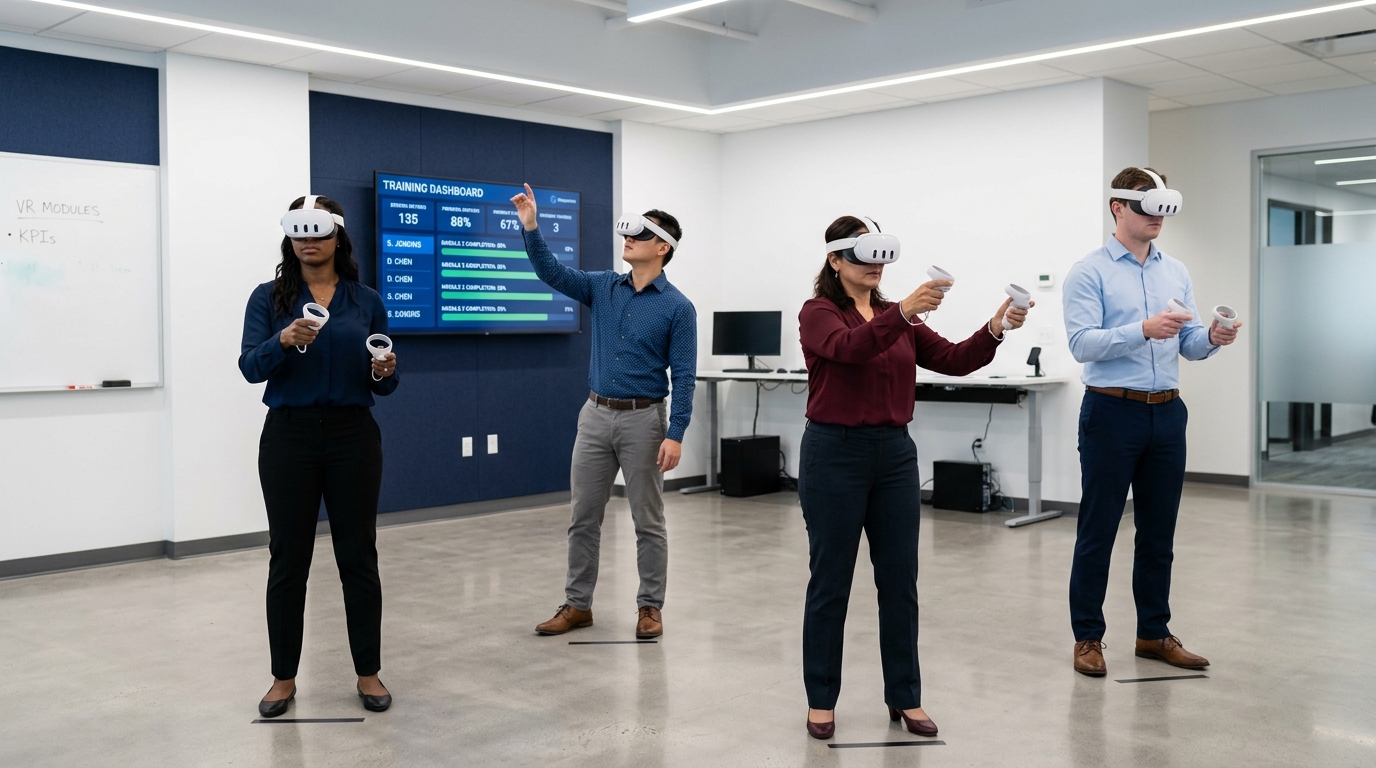 Diverse team of enterprise employees wearing VR headsets during group training session