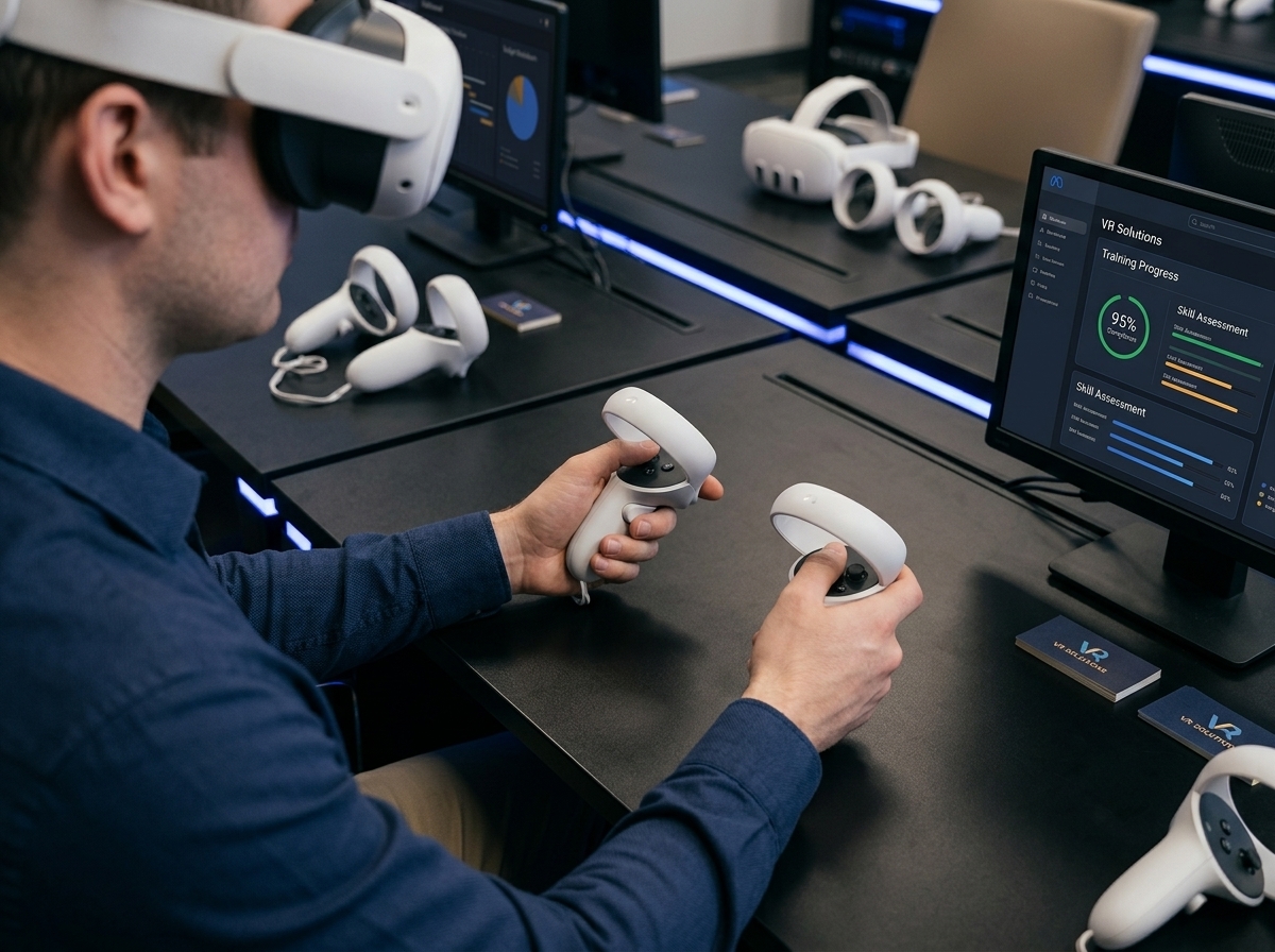 Close-up photograph of a training professional's hands gripping VR motion controllers during an interactive enterprise simulation exercise, with a large wall-mounted display in the background showing real-time performance analytics including response time graphs, accuracy percentages, and decision tree progress indicators, taken in a modern corporate training lab with clean white surfaces, overhead LED panel lighting casting even illumination, and additional VR headset stations visible in the soft-focus background, representing the hands-on active learning approach of immersive VR training programs