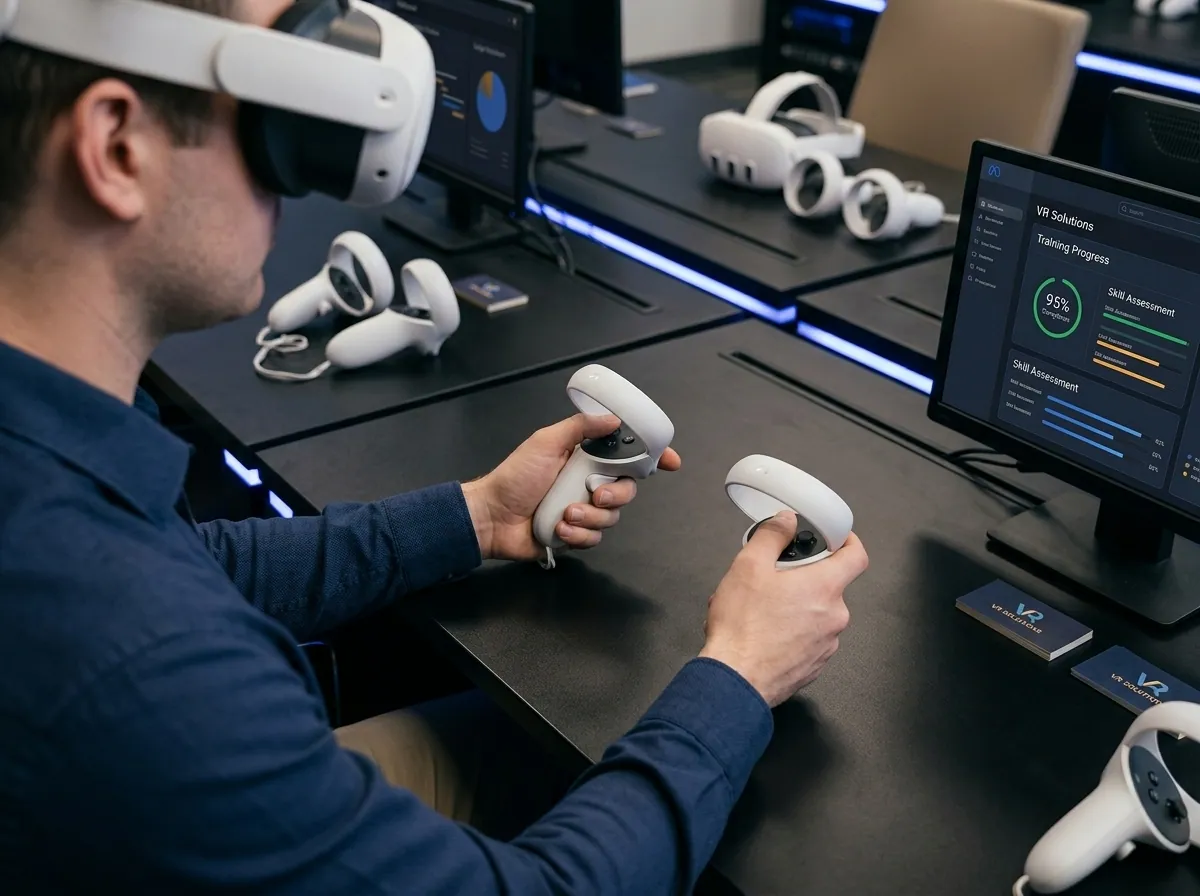 Close-up photograph of a training professional's hands gripping VR motion controllers during an interactive enterprise simulation exercise, with a large wall-mounted display in the background showing real-time performance analytics including response time graphs, accuracy percentages, and decision tree progress indicators, taken in a modern corporate training lab with clean white surfaces, overhead LED panel lighting casting even illumination, and additional VR headset stations visible in the soft-focus background, representing the hands-on active learning approach of immersive VR training programs