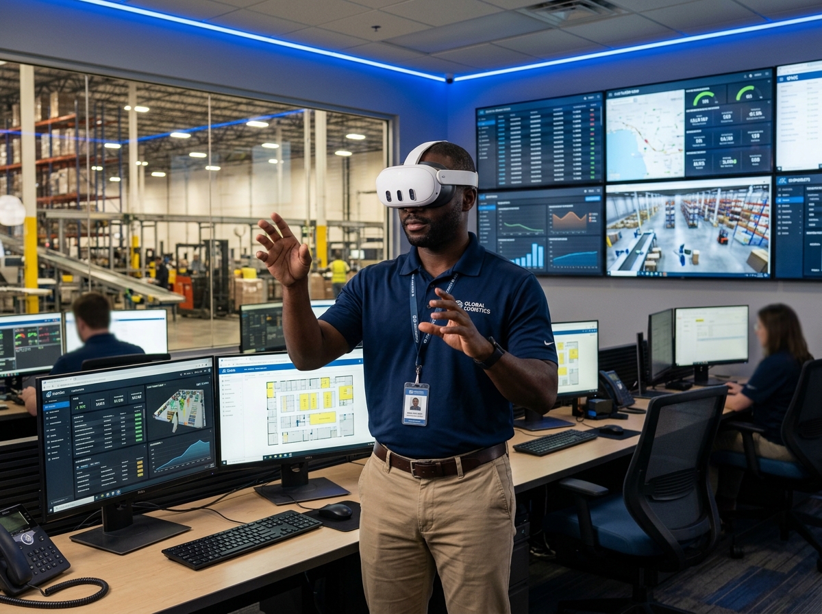 Operations manager wearing VR headset in logistics control room with warehouse dashboards