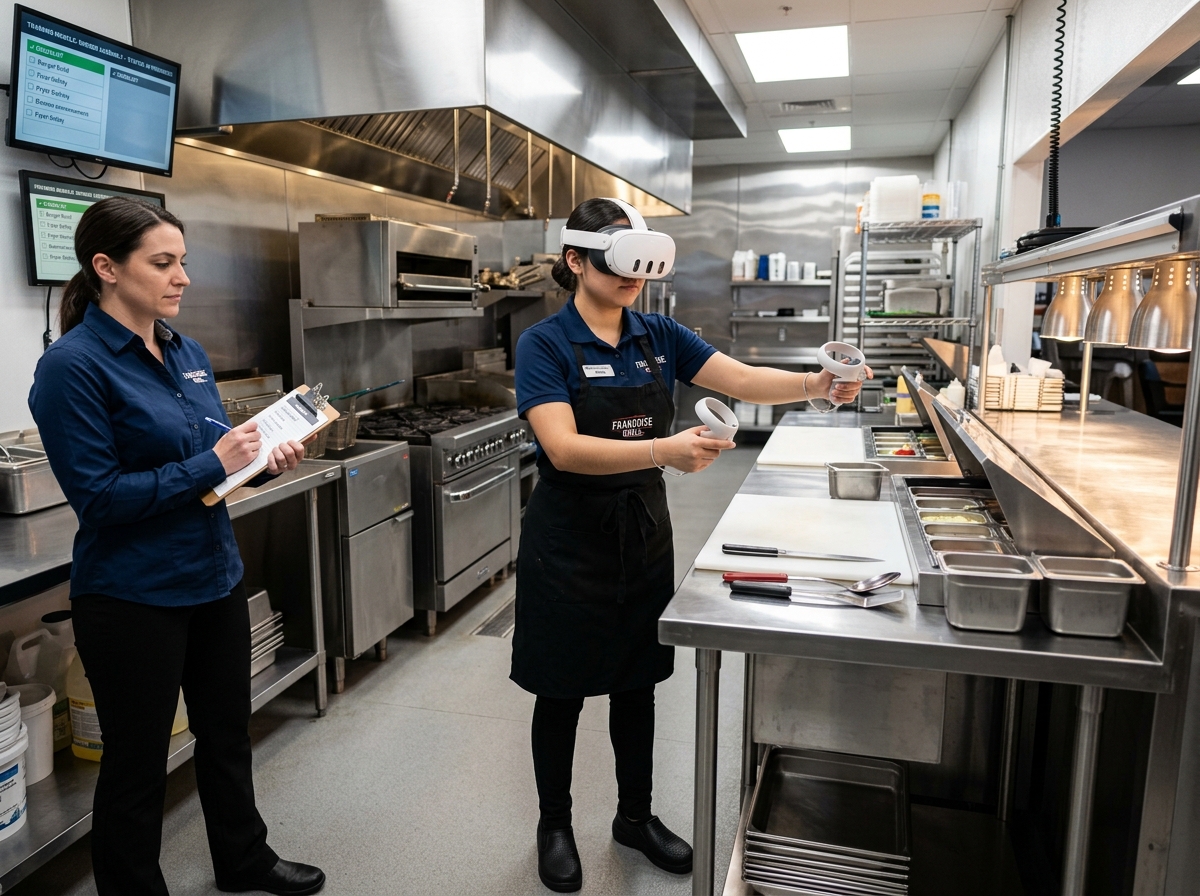Franchise employee wearing VR headset practicing food preparation in commercial kitchen
