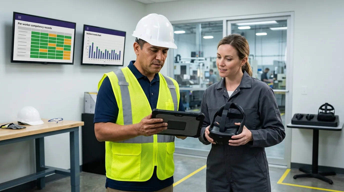 Plant safety manager in a high-visibility vest reviews workforce simulation performance data on a tablet beside two production workers after a lockout tagout VR training session, with a Meta Quest headset on the workbench and monitors showing per-worker competency records supporting an OSHA manufacturing safety program