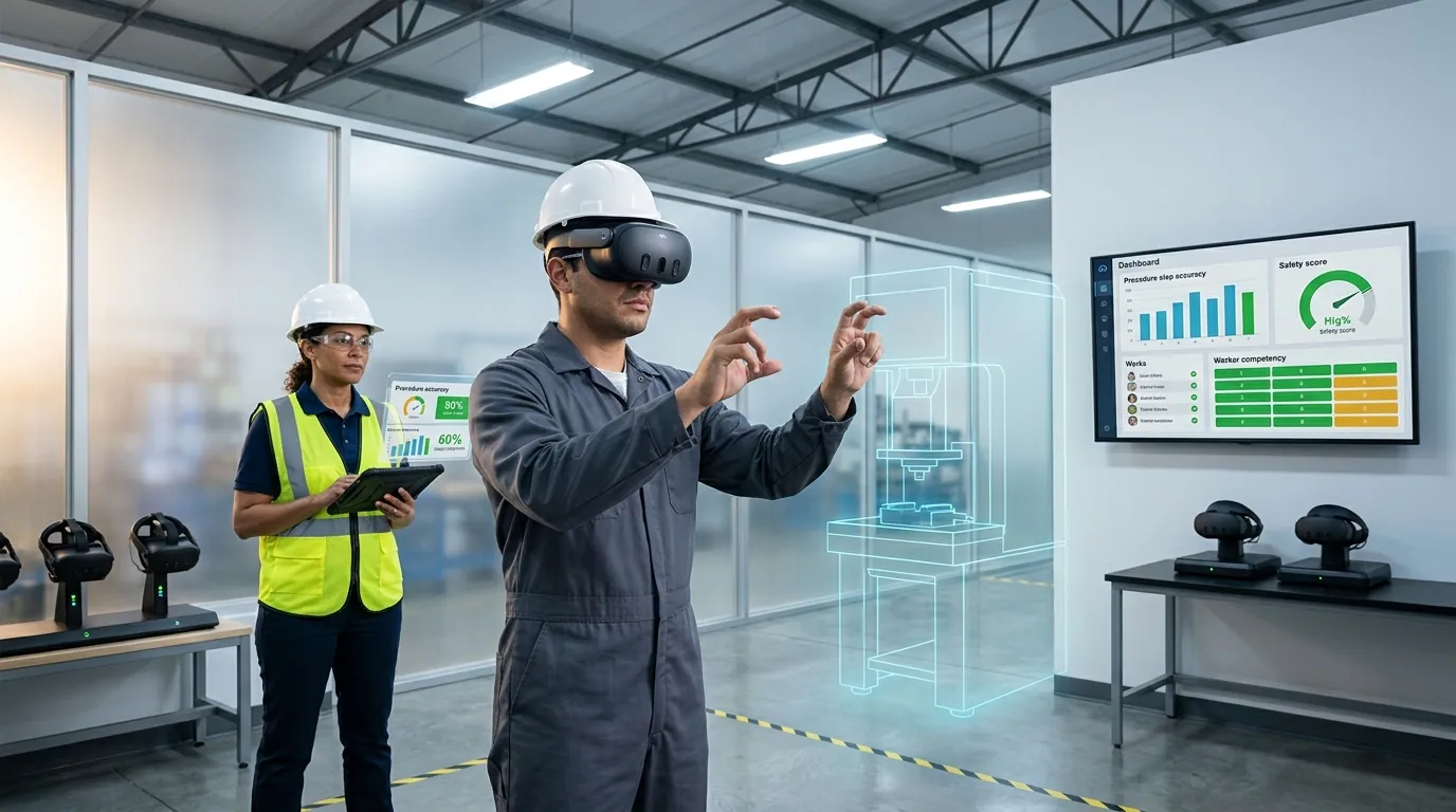 Manufacturing operator in a hard hat and safety glasses wearing a Meta Quest VR headset practicing a virtual machine changeover procedure on a simulated CNC press inside a modern plant training bay, with a wall-mounted dashboard displaying procedure step accuracy and safety compliance scores for a custom workforce simulation system