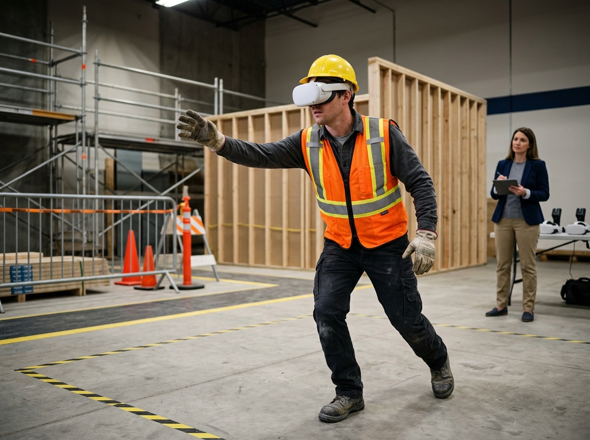 Construction worker wearing VR headset practicing safety scenario in training facility