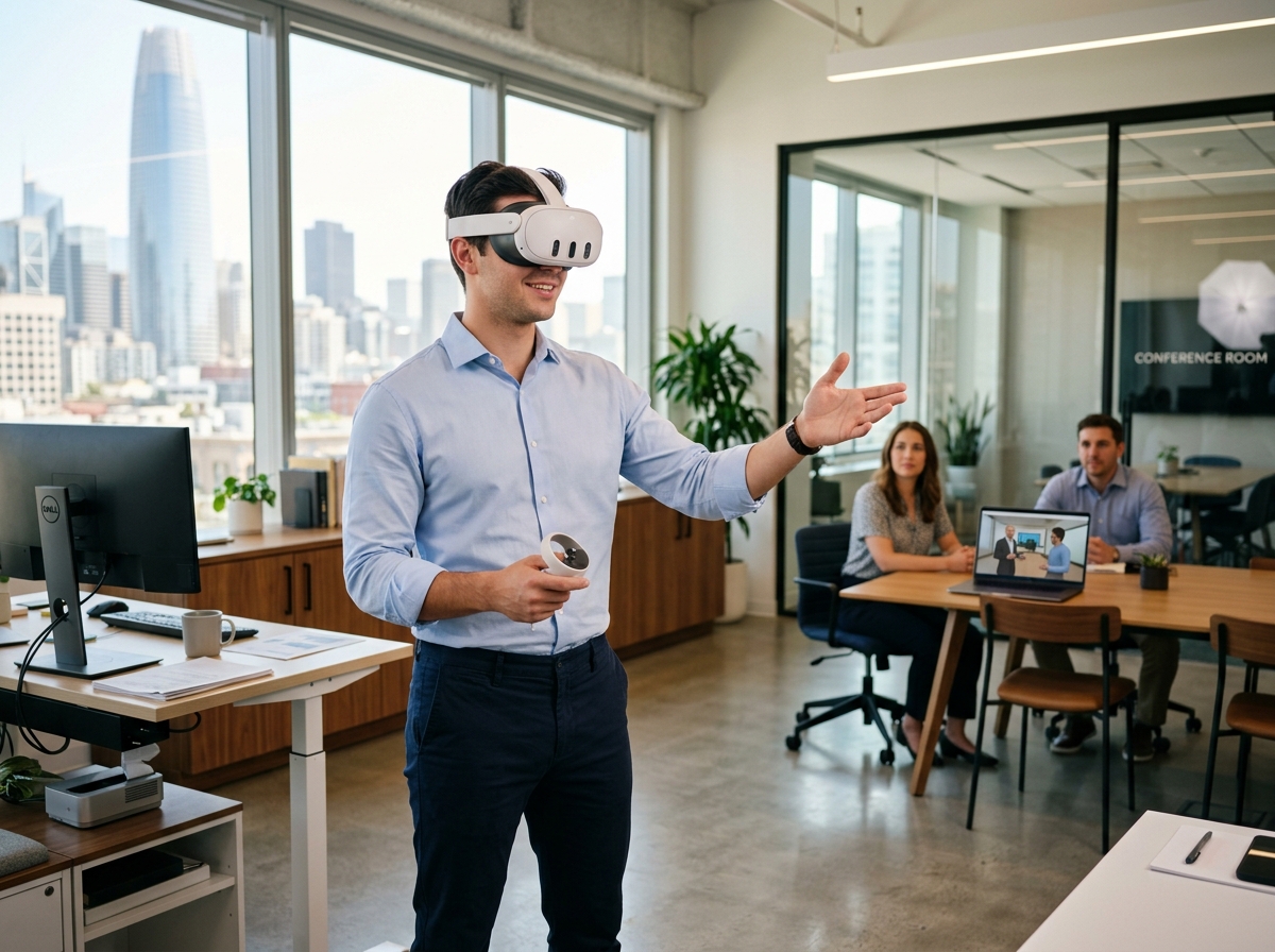 Sales professional wearing VR headset practicing customer conversation in modern office