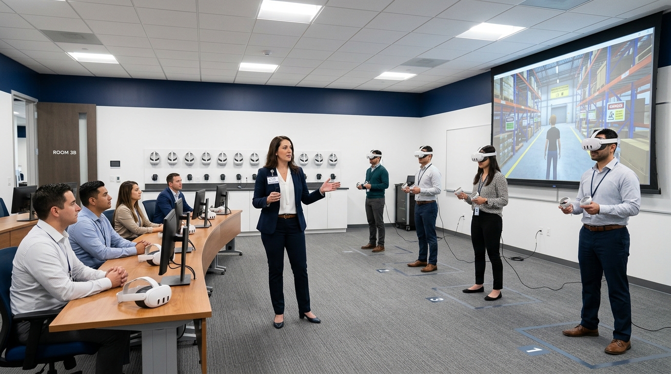 Enterprise VR training deployment with multiple employees in purpose-built training facility