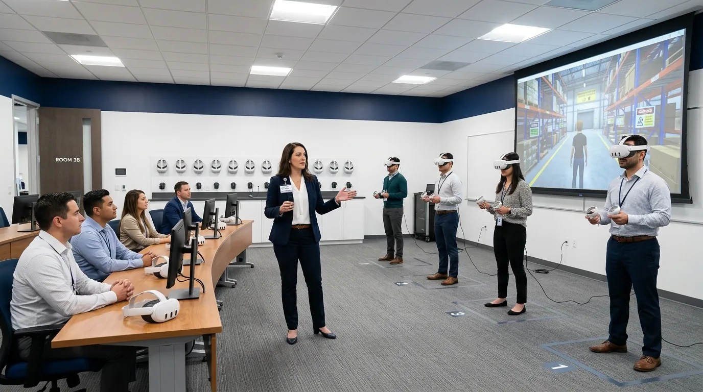 Enterprise VR training deployment with multiple employees in purpose-built training facility