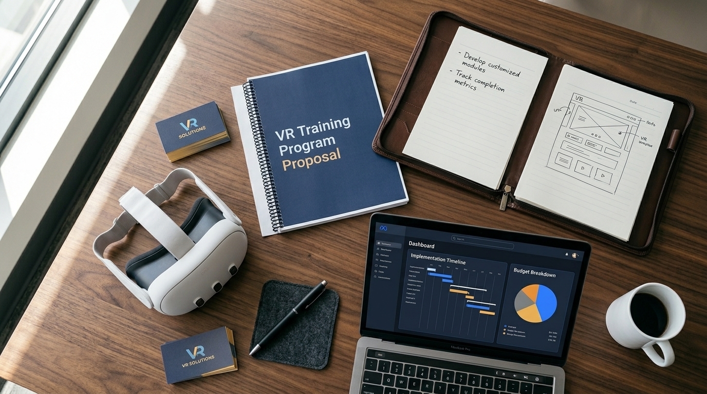 Overhead view of VR training program proposal planning session with headset, dashboard, and wireframes on executive desk