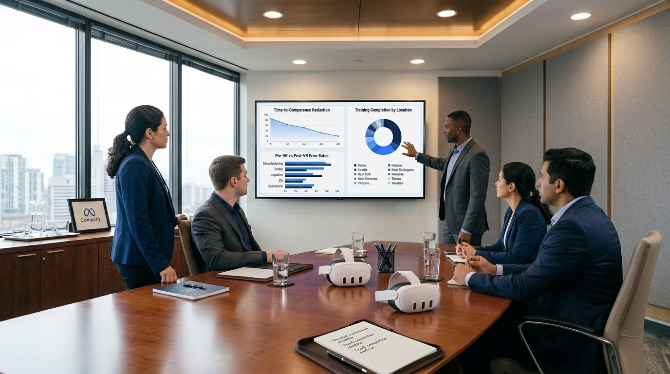 Executive team reviewing VR training performance metrics on interactive display with VR headsets on conference table
